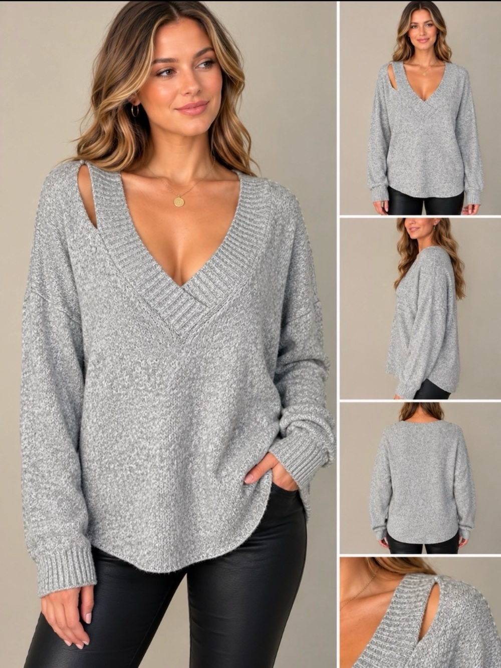 LINE The Label Grey Alpaca Blend Deep V-Neck Cutout Oversized Sweater M